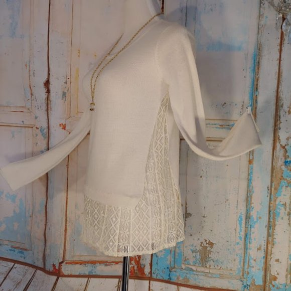 Derek Heart long sleeve crew neck sweater lace side & bottom/size S/cream - Picture 2 of 7